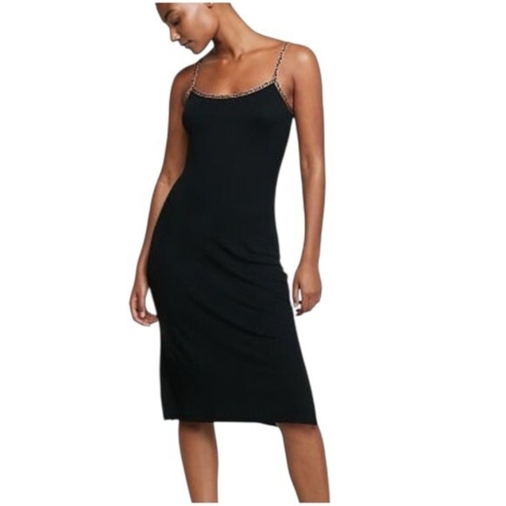 Victoria's Secret Black Modal Rib Nightgown XS Leopard Print Trim Slip Dress EXC